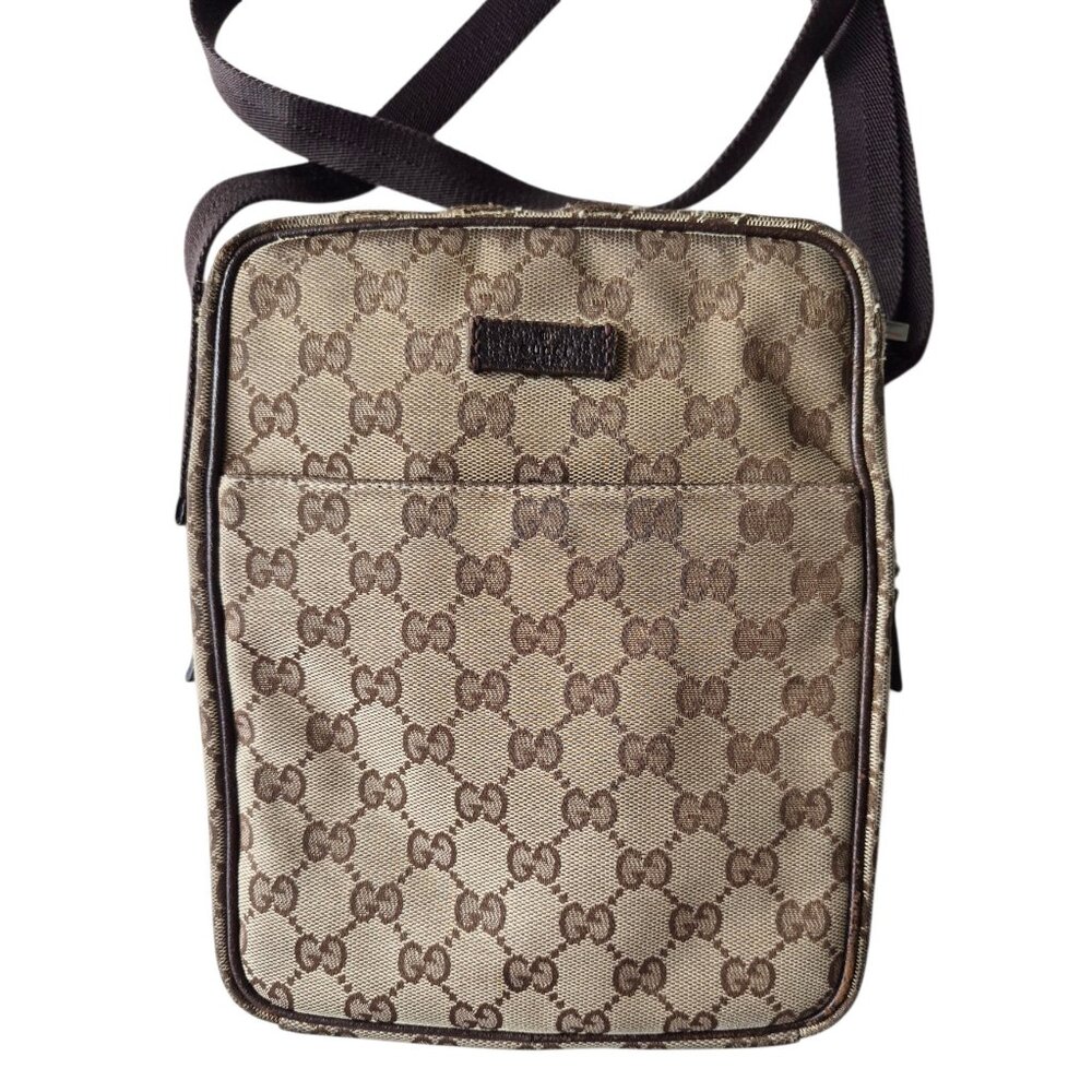 GUCCI Original GG Pattern Canvas Crossbody Camera Bag Classic Leather Trim - Picture 2 of 16